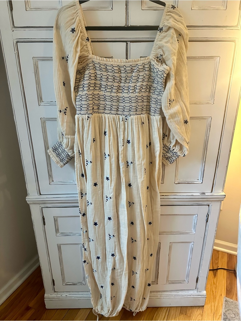 Free People Cream Smocked Jumpsuit with Navy Embroidery - Picture 2 of 6